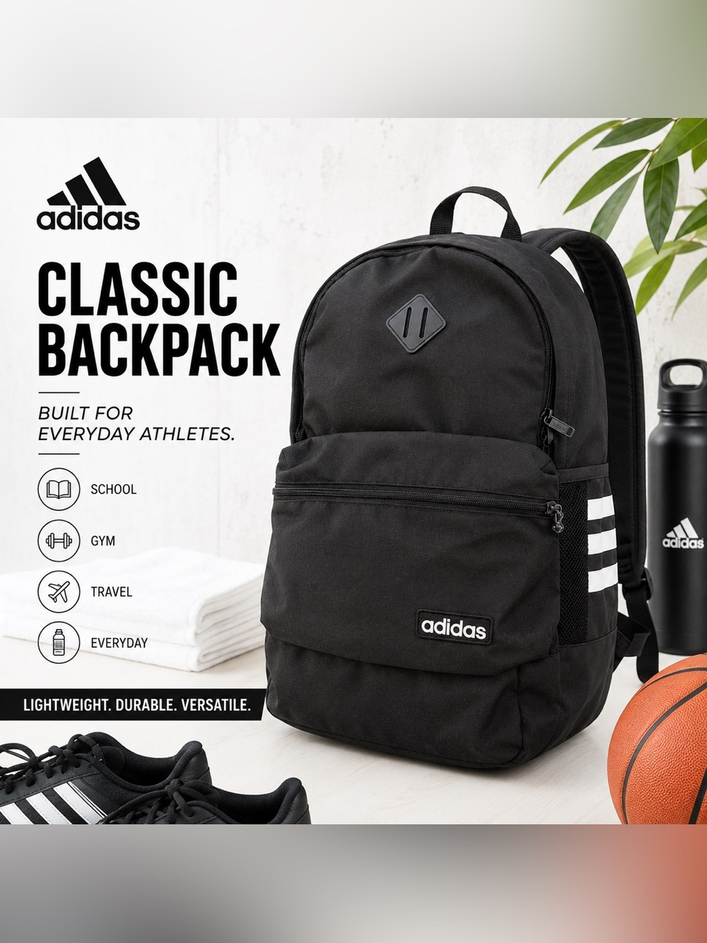 Adidas Black Classic Backpack School Travel Gym Book Bag Unisex